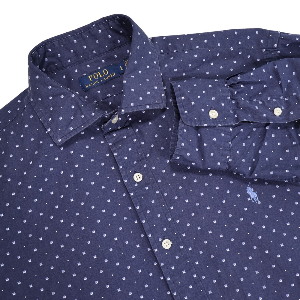 POLO RALPH LAUREN Men's L Navy Blue Polka Dot Cotton Long Sleeve Button Up Shirt